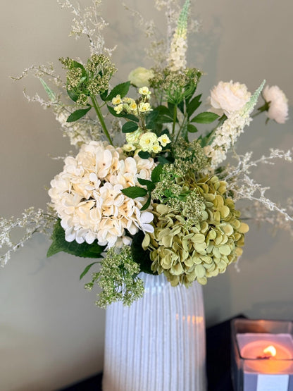 Daphne Faux Flower Arrangement | Luxury White & Green Hydrangea Display - NalaWillowCo