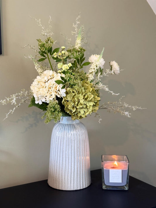 Daphne Faux Flower Arrangement | Luxury White & Green Hydrangea Display - NalaWillowCo