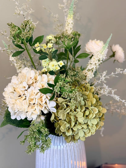 Daphne Faux Flower Arrangement | Luxury White & Green Hydrangea Display - NalaWillowCo