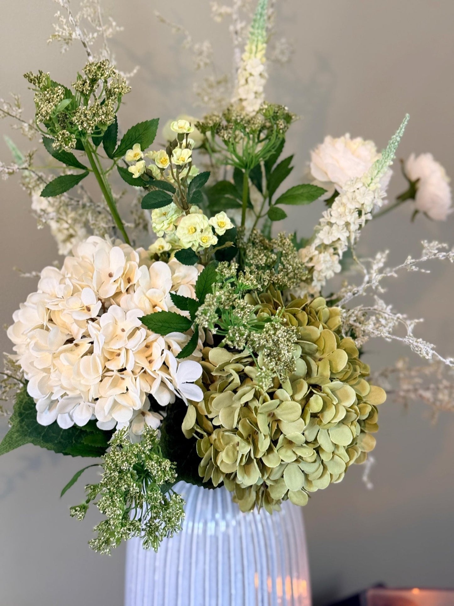 Daphne Faux Flower Arrangement | Luxury White & Green Hydrangea Display - NalaWillowCo