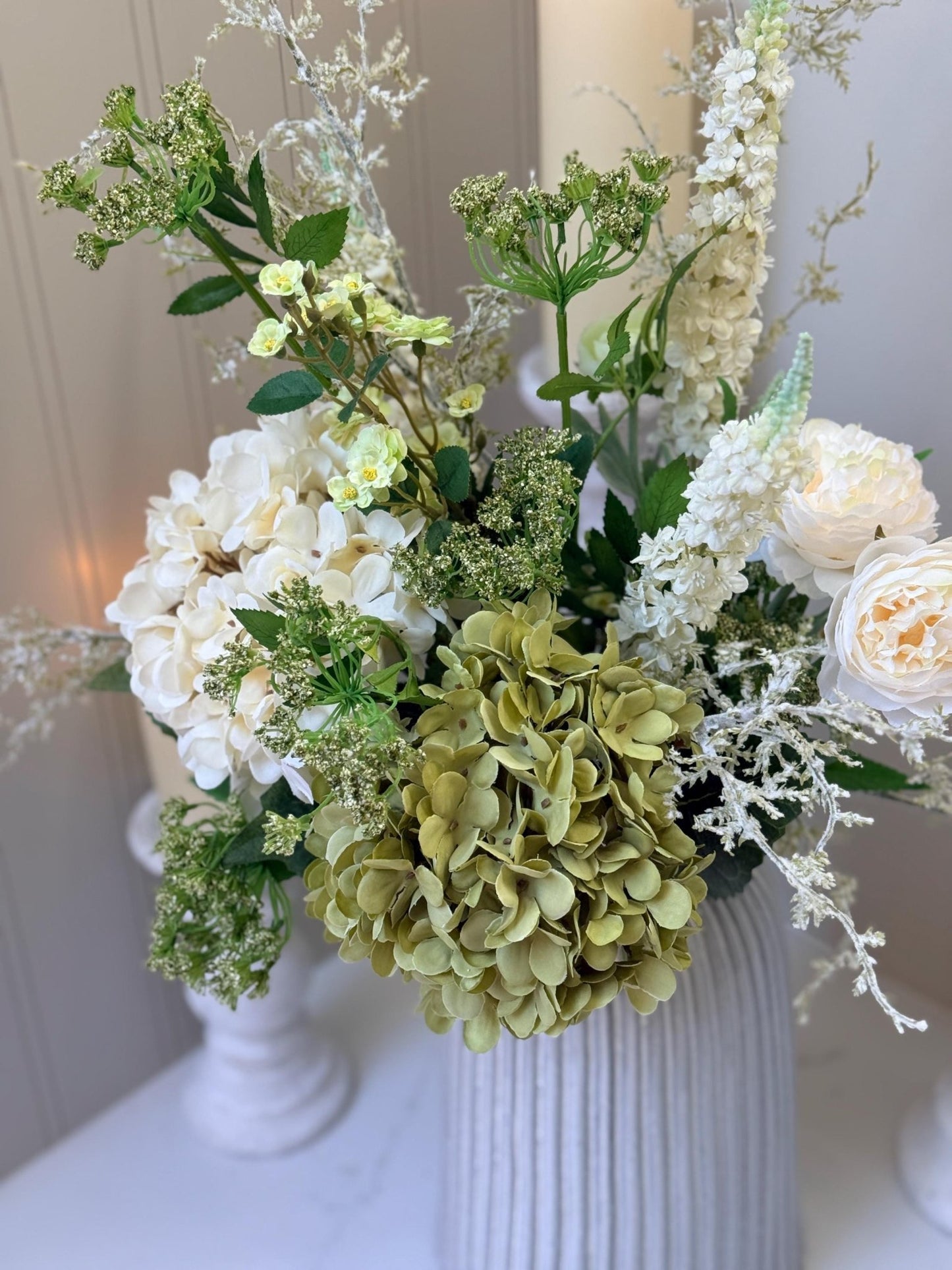 Daphne Faux Flower Arrangement | Luxury White & Green Hydrangea Display - NalaWillowCo