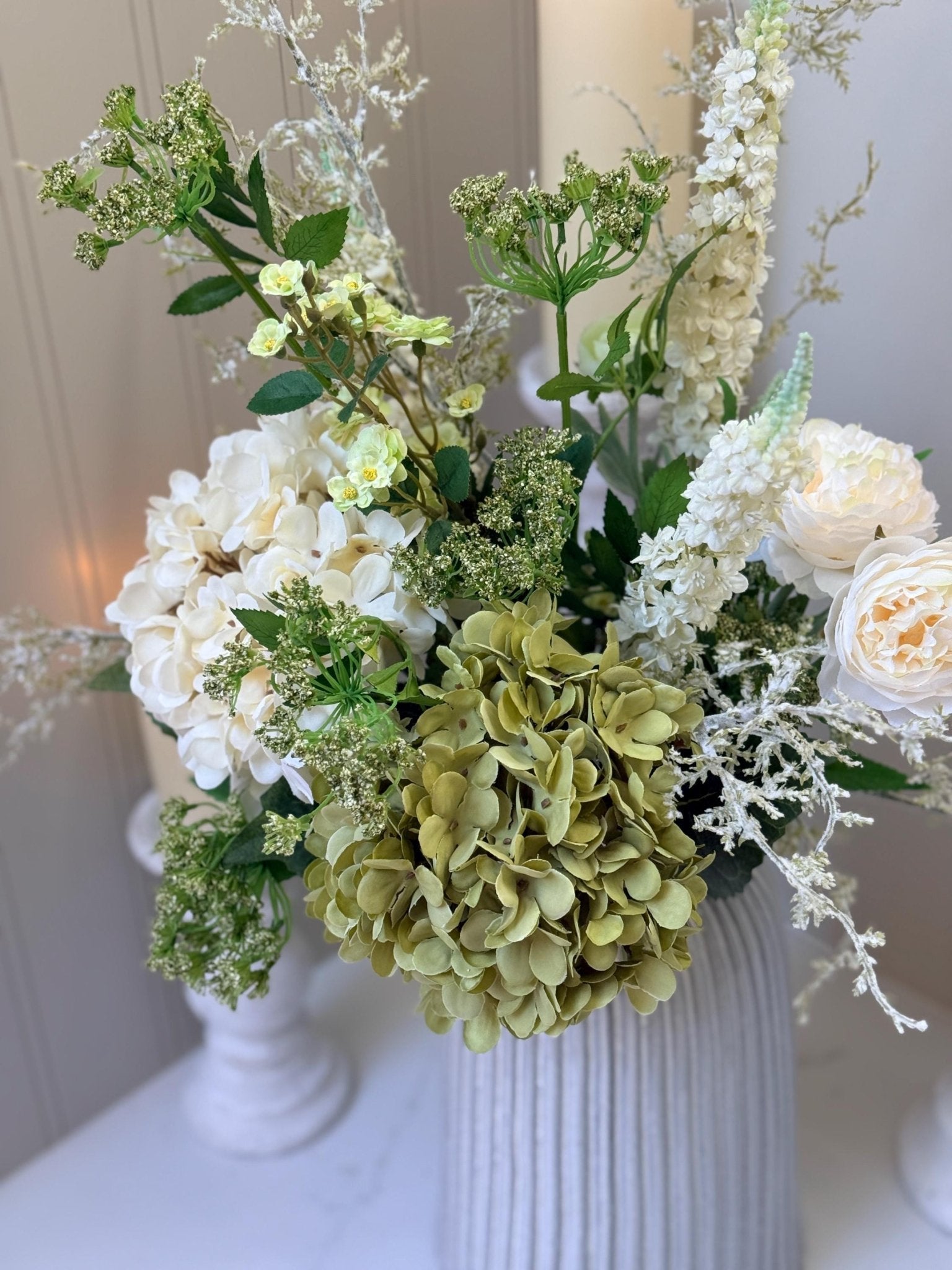 Daphne Faux Flower Arrangement | Luxury White & Green Hydrangea Display - NalaWillowCo