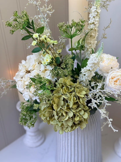 Daphne Faux Flower Arrangement | Luxury White & Green Hydrangea Display - NalaWillowCo