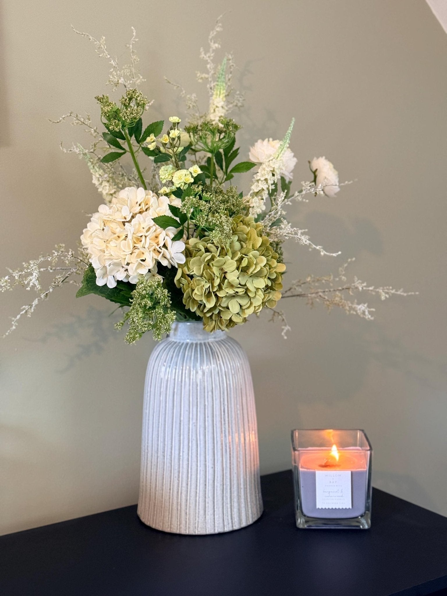 Daphne Faux Flower Arrangement | Luxury White & Green Hydrangea Display - NalaWillowCo