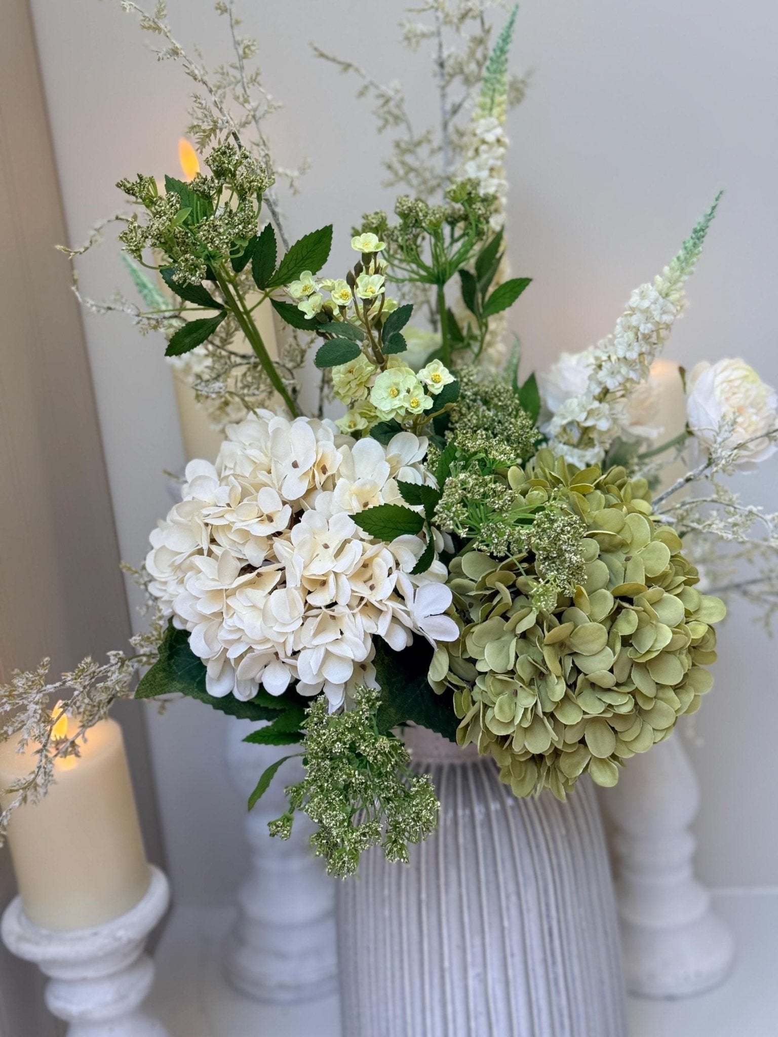 Daphne Faux Flower Arrangement | Luxury White & Green Hydrangea Display - NalaWillowCo
