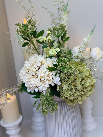 Daphne Faux Flower Arrangement | Luxury White & Green Hydrangea Display - NalaWillowCo