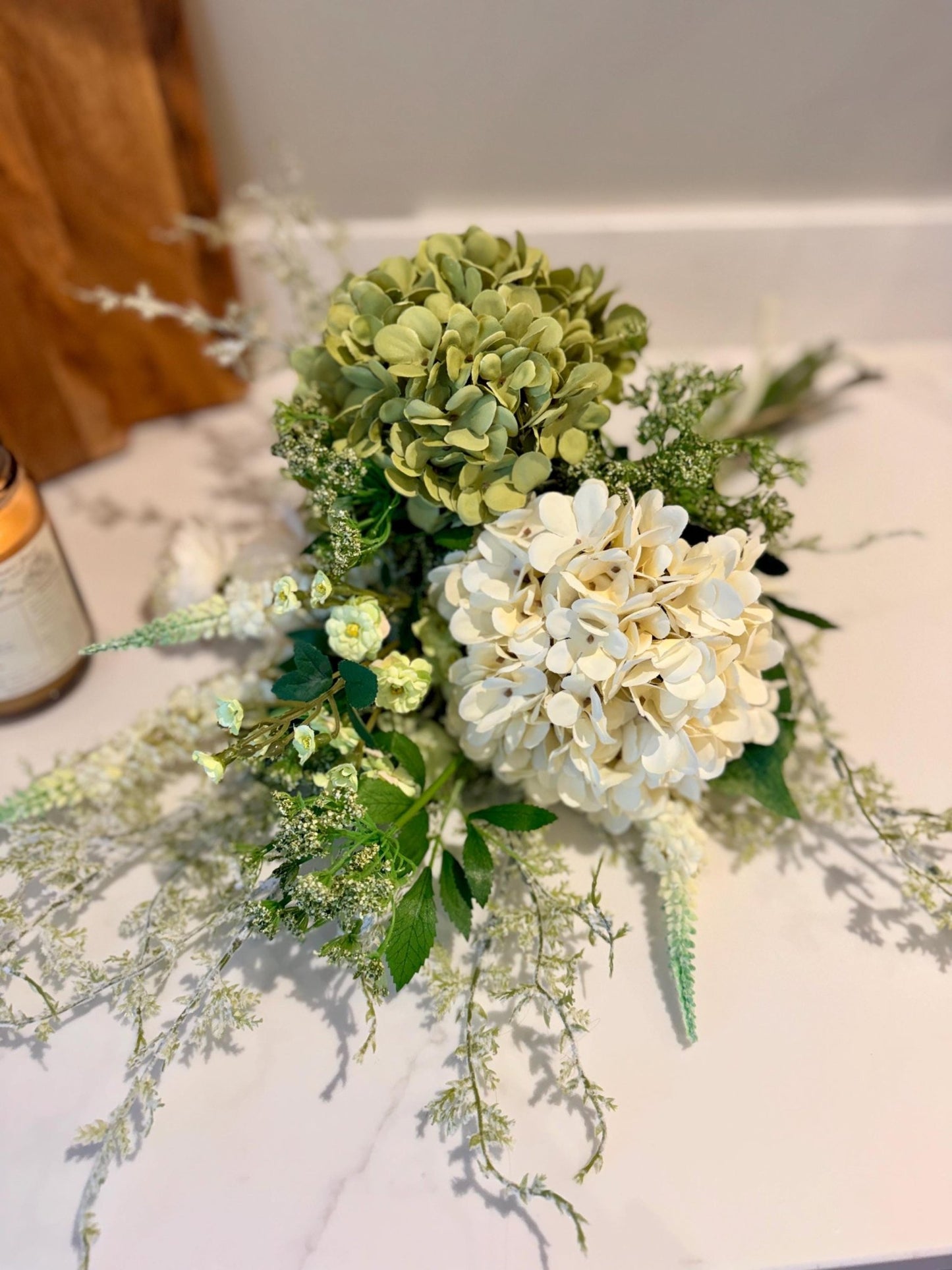 Daphne Handmade Faux Flower Arrangement | Luxury White & Green Hydrangea Bouquet - NalaWillowCo