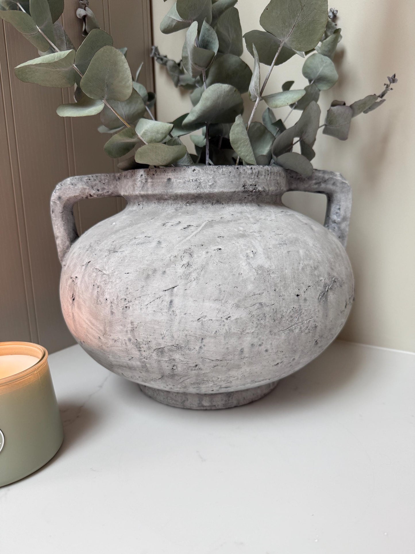 Rustic Stone Vase with Handles Distressed Concrete Finish