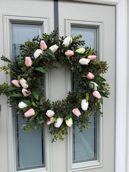 Extra Large 55cm Handmade White & Pink Tulip Wreath - NalaWillowCo
