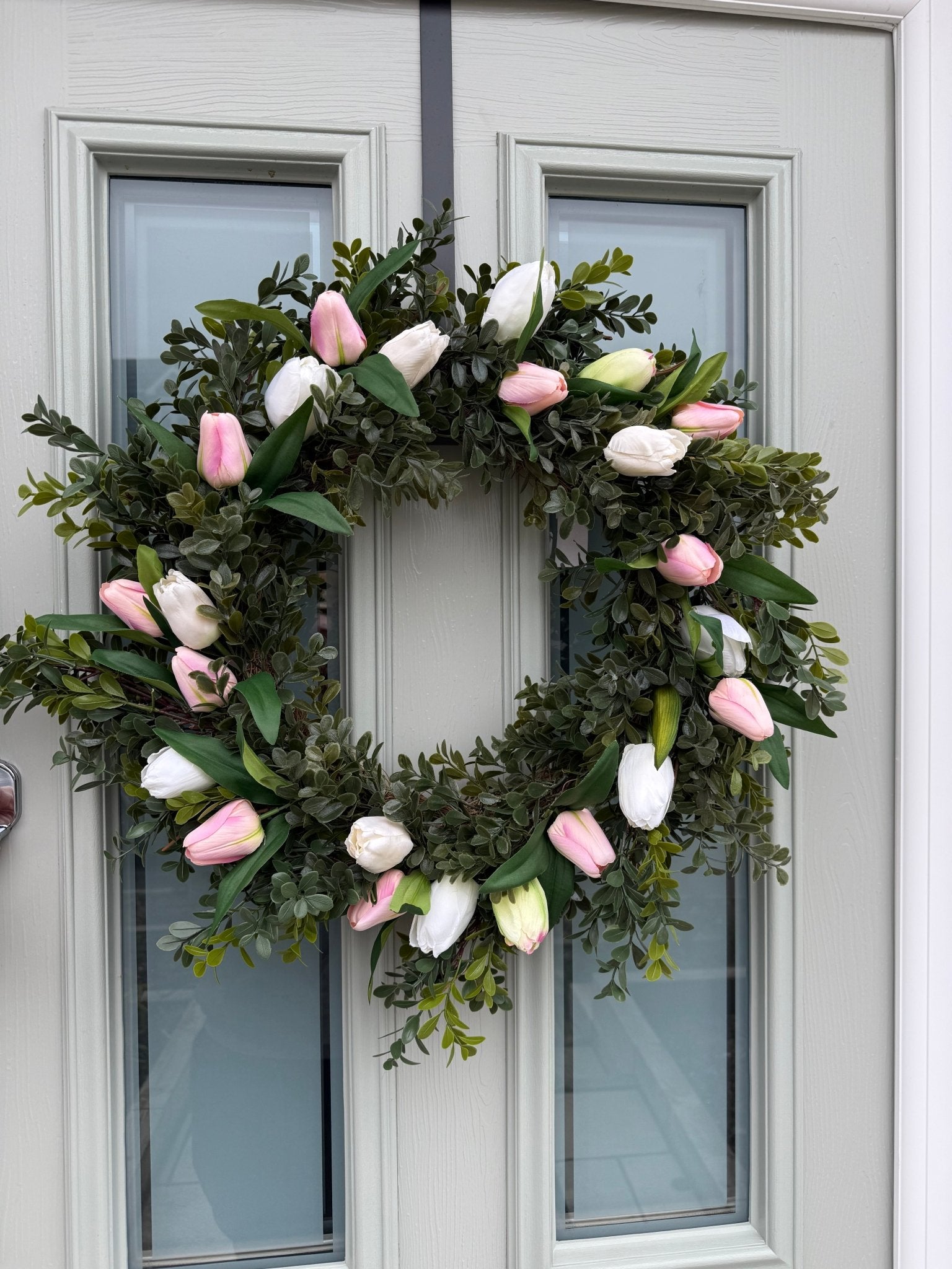 Extra Large 55cm Handmade White & Pink Tulip Wreath - NalaWillowCo