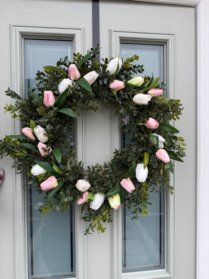 Extra Large 55cm Handmade White & Pink Tulip Wreath - NalaWillowCo