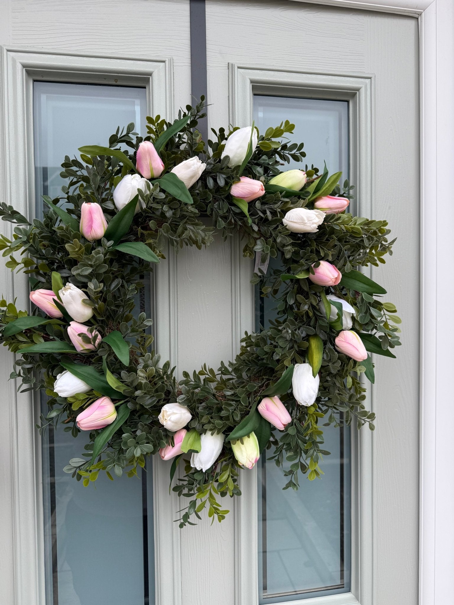 Extra Large 55cm Handmade White & Pink Tulip Wreath - NalaWillowCo