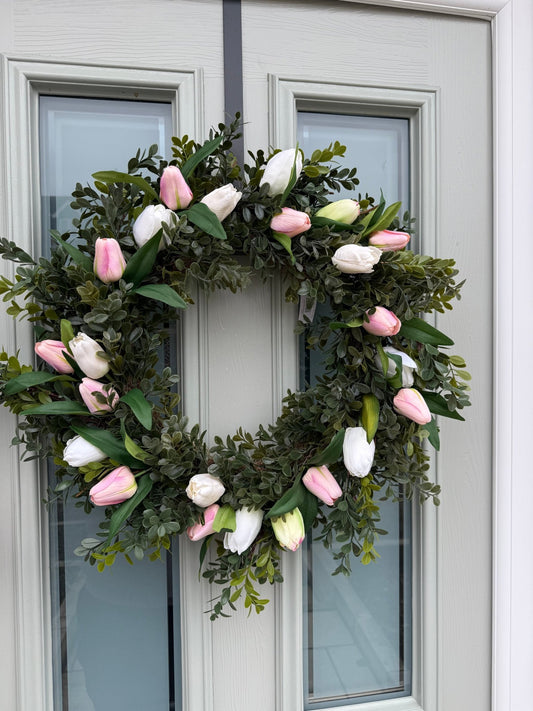 Extra Large 55cm Handmade White & Pink Tulip Wreath - NalaWillowCo