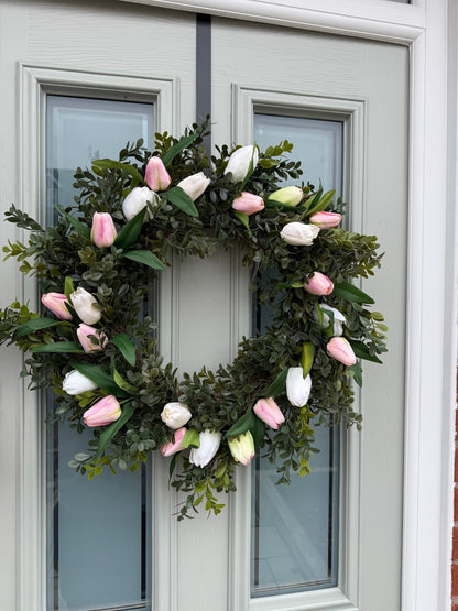 Extra Large 55cm Handmade White & Pink Tulip Wreath - NalaWillowCo