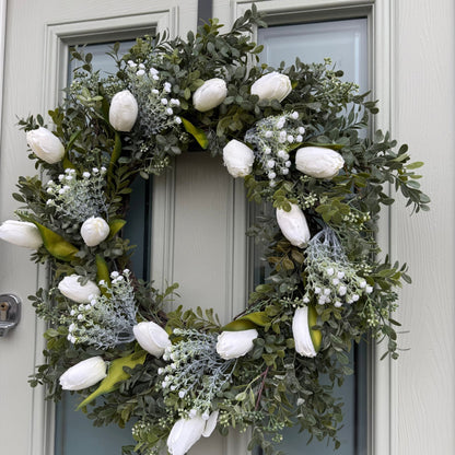 Extra Large 55cm Handmade White Tulip & Gyp Wreath - NalaWillowCo