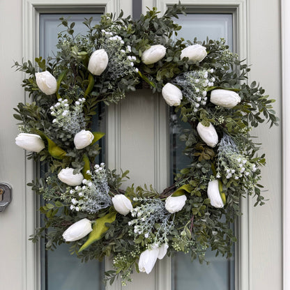 Extra Large 55cm Handmade White Tulip & Gyp Wreath - NalaWillowCo