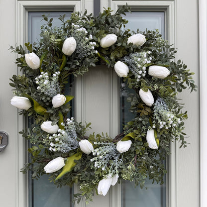 Extra Large 55cm Handmade White Tulip & Gyp Wreath - NalaWillowCo