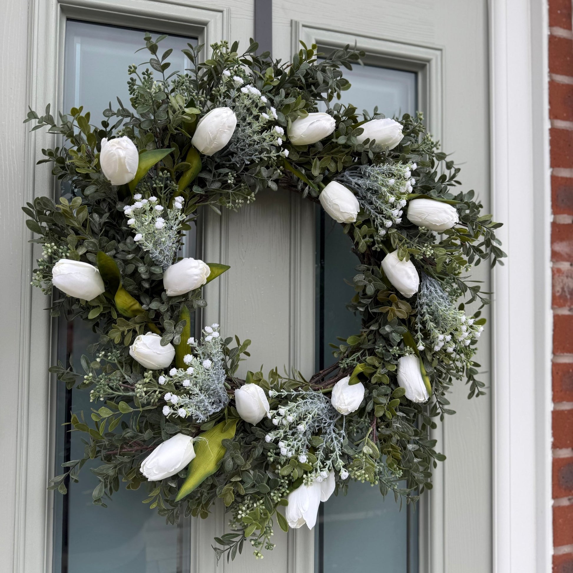 Extra Large 55cm Handmade White Tulip & Gyp Wreath - NalaWillowCo