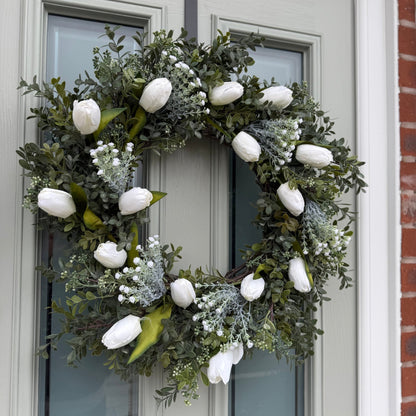 Extra Large 55cm Handmade White Tulip & Gyp Wreath - NalaWillowCo