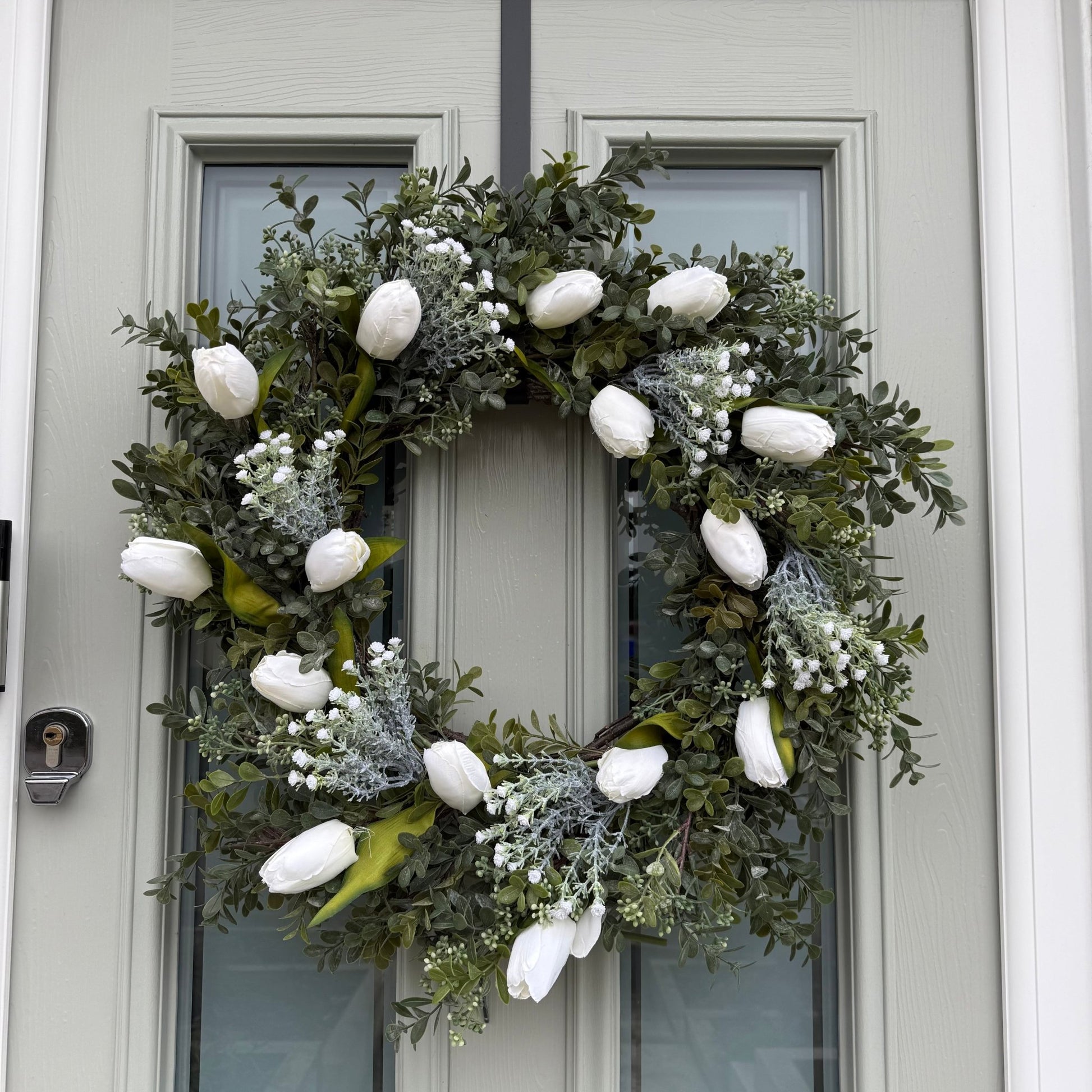 Extra Large 55cm Handmade White Tulip & Gyp Wreath - NalaWillowCo