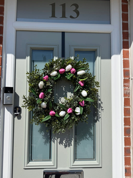 Extra Large 60cm Handmade White & Fuchsia Pink Tulip Wreath - NalaWillowCo