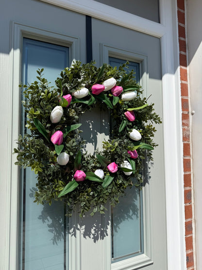 Extra Large 60cm Handmade White & Fuchsia Pink Tulip Wreath - NalaWillowCo