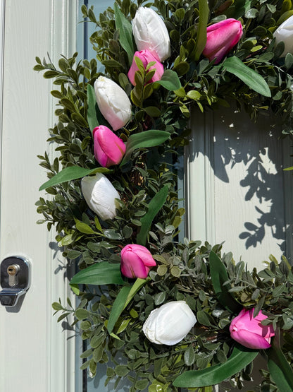 Extra Large 60cm Handmade White & Fuchsia Pink Tulip Wreath - NalaWillowCo