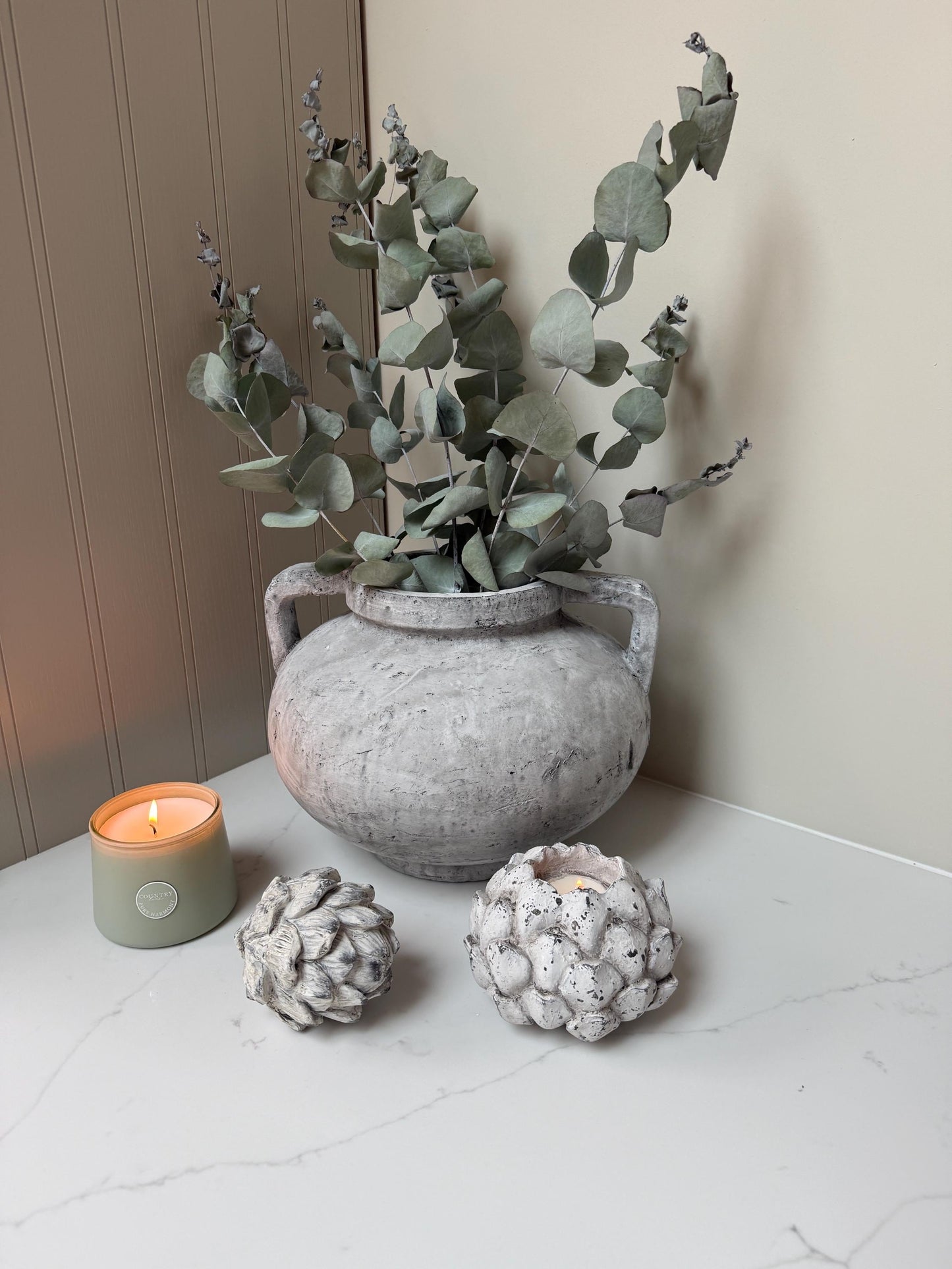 Rustic Stone Vase with Handles Distressed Concrete Finish