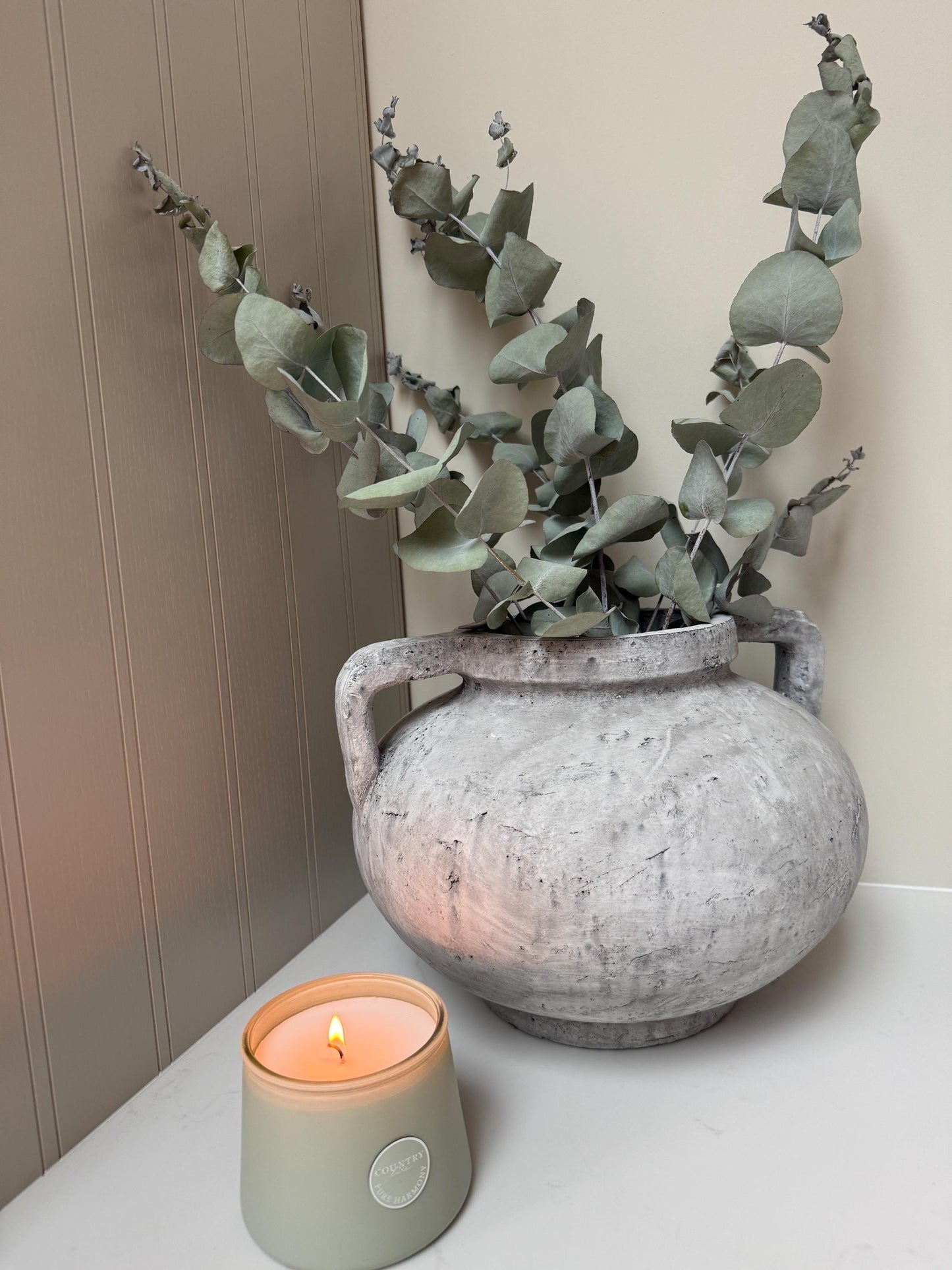 Rustic Stone Vase with Handles Distressed Concrete Finish