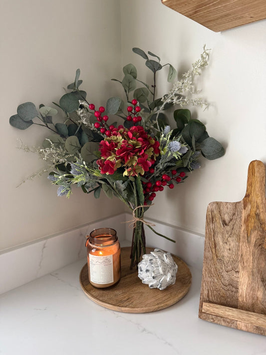 Faux Eucalyptus & Red Hydrangea Bouquet | Artificial Winter Floral Arrangement | Cosy Neutral Home Decor Gift | Faux Flowers - NalaWillowCo