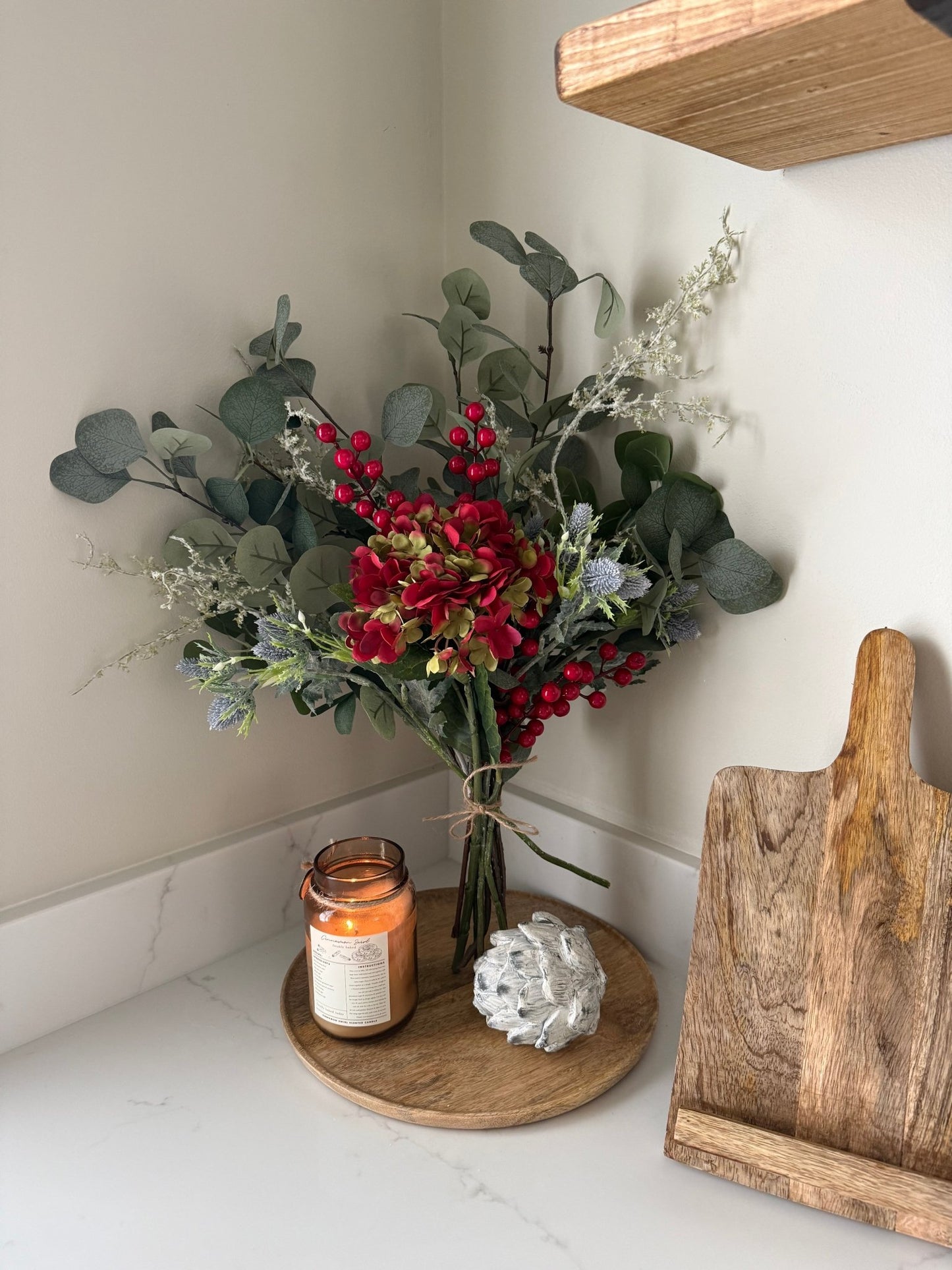 Faux Eucalyptus & Red Hydrangea Bouquet | Artificial Winter Floral Arrangement | Cosy Neutral Home Decor Gift | Faux Flowers - NalaWillowCo