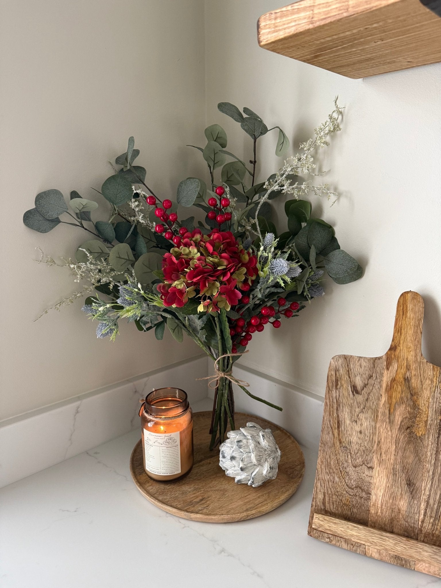 Faux Eucalyptus & Red Hydrangea Bouquet | Artificial Winter Floral Arrangement | Cosy Neutral Home Decor Gift | Faux Flowers - NalaWillowCo