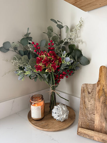 Faux Eucalyptus & Red Hydrangea Bouquet | Artificial Winter Floral Arrangement | Cosy Neutral Home Decor Gift | Faux Flowers - NalaWillowCo