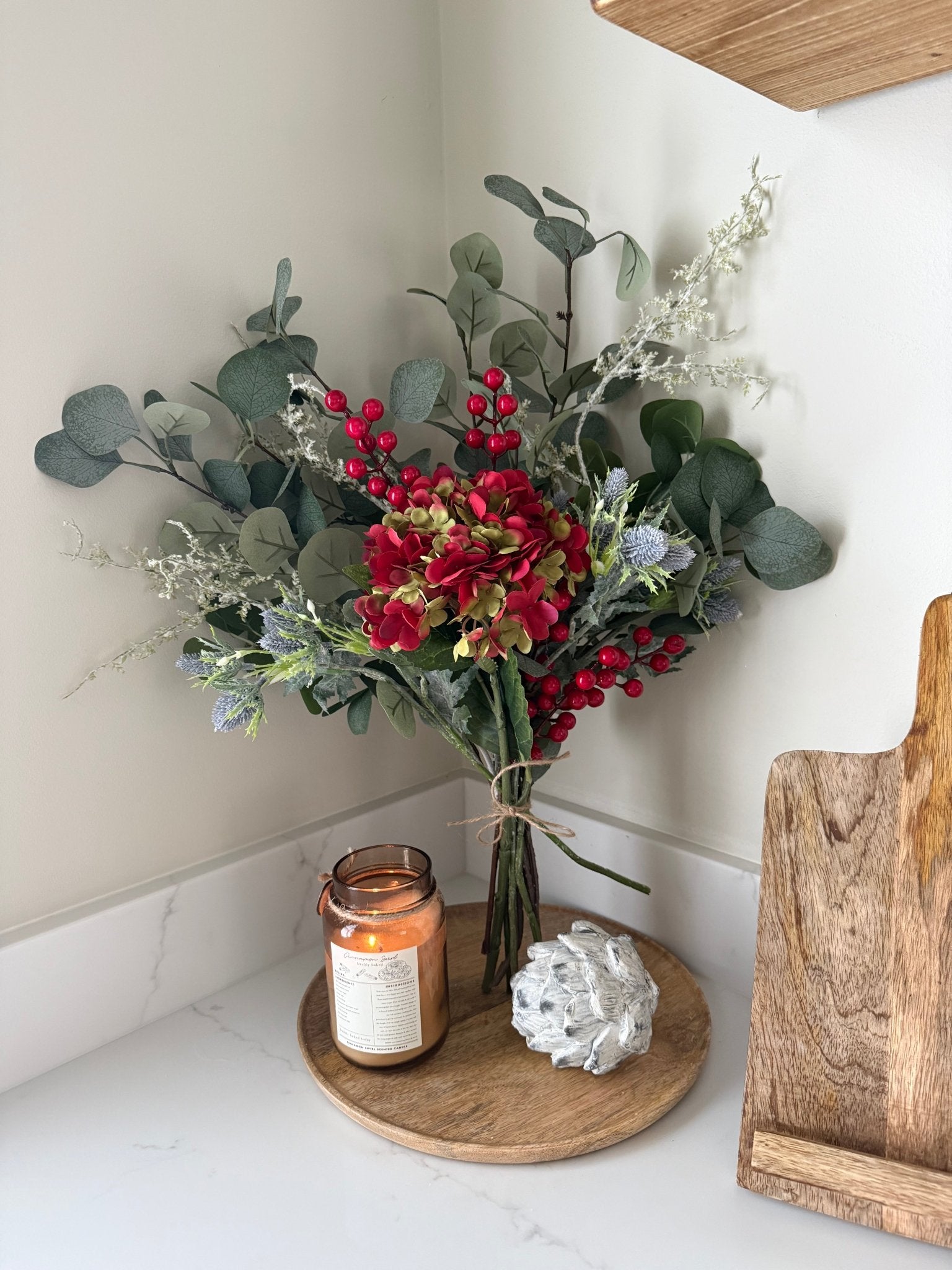 Faux Eucalyptus & Red Hydrangea Bouquet | Artificial Winter Floral Arrangement | Cosy Neutral Home Decor Gift | Faux Flowers - NalaWillowCo
