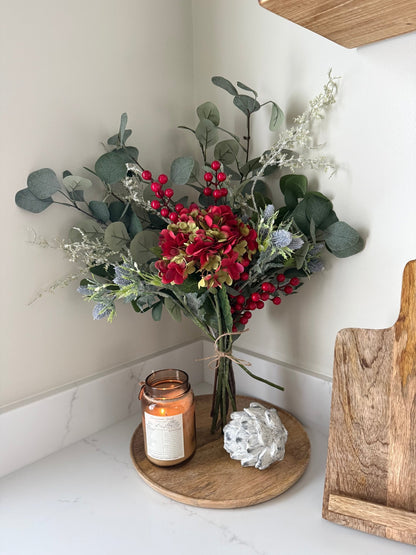 Faux Eucalyptus & Red Hydrangea Bouquet | Artificial Winter Floral Arrangement | Cosy Neutral Home Decor Gift | Faux Flowers - NalaWillowCo