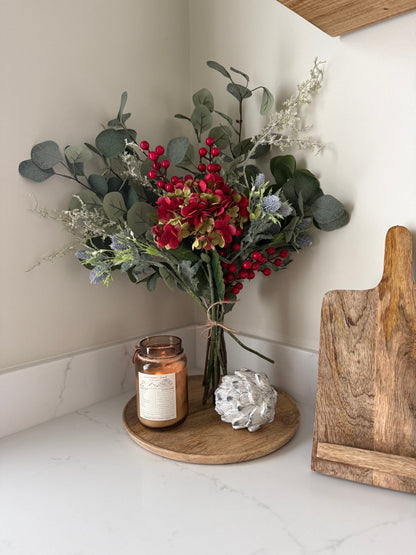 Faux Eucalyptus & Red Hydrangea Bouquet | Artificial Winter Floral Arrangement | Cosy Neutral Home Decor Gift | Faux Flowers - NalaWillowCo
