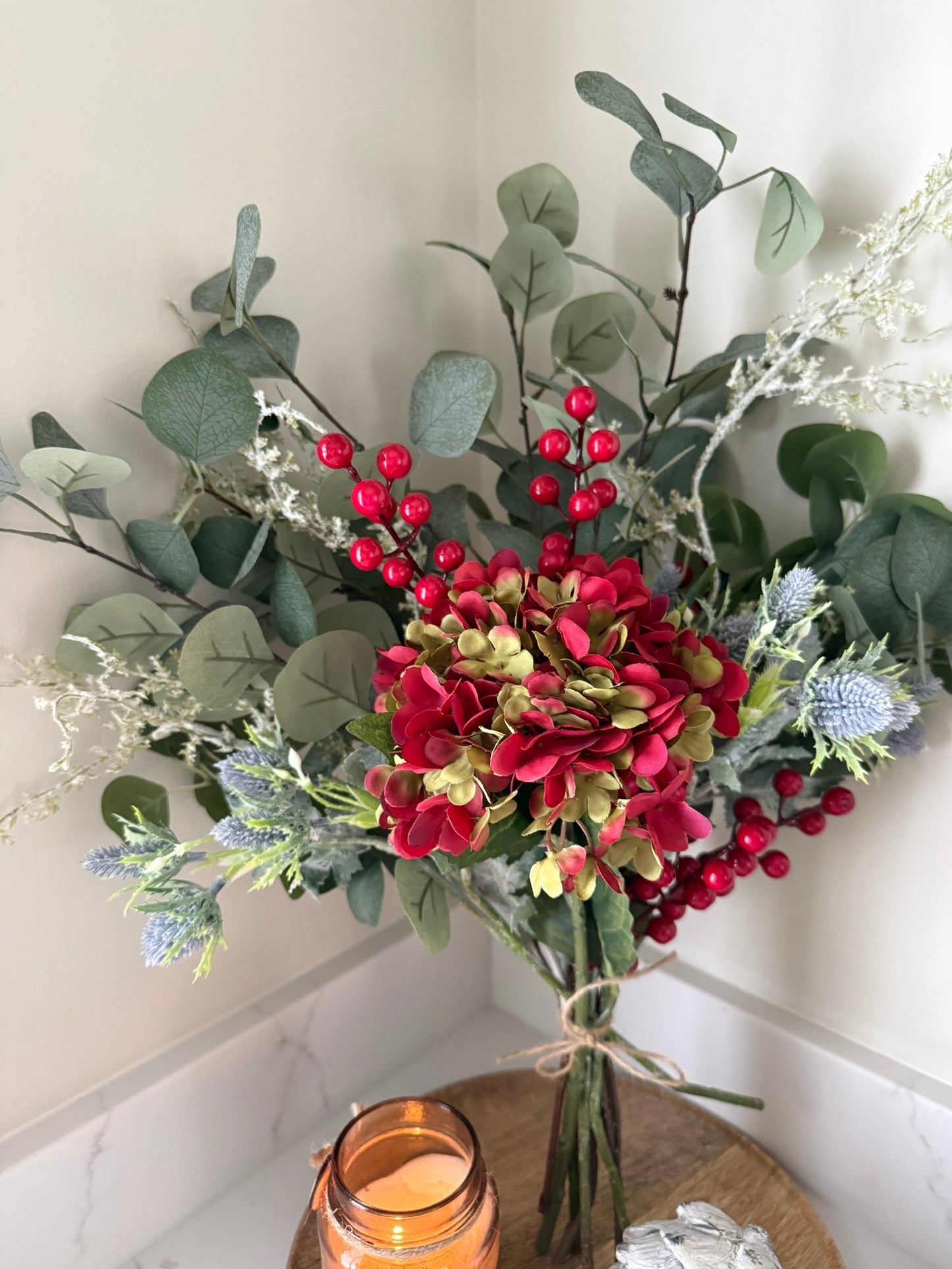 Faux Eucalyptus & Red Hydrangea Bouquet | Artificial Winter Floral Arrangement | Cosy Neutral Home Decor Gift | Faux Flowers - NalaWillowCo