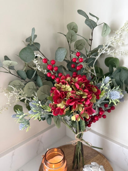 Faux Eucalyptus & Red Hydrangea Bouquet | Artificial Winter Floral Arrangement | Cosy Neutral Home Decor Gift | Faux Flowers - NalaWillowCo