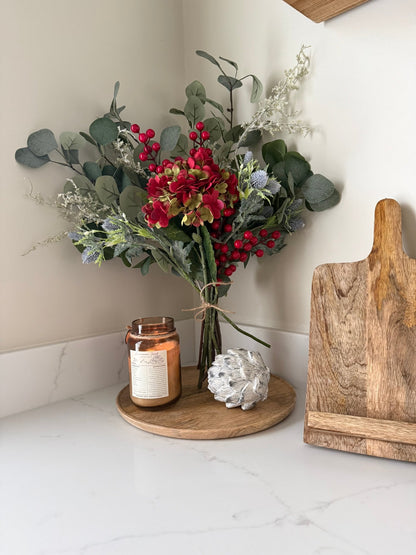 Faux Eucalyptus & Red Hydrangea Bouquet | Artificial Winter Floral Arrangement | Cosy Neutral Home Decor Gift | Faux Flowers - NalaWillowCo