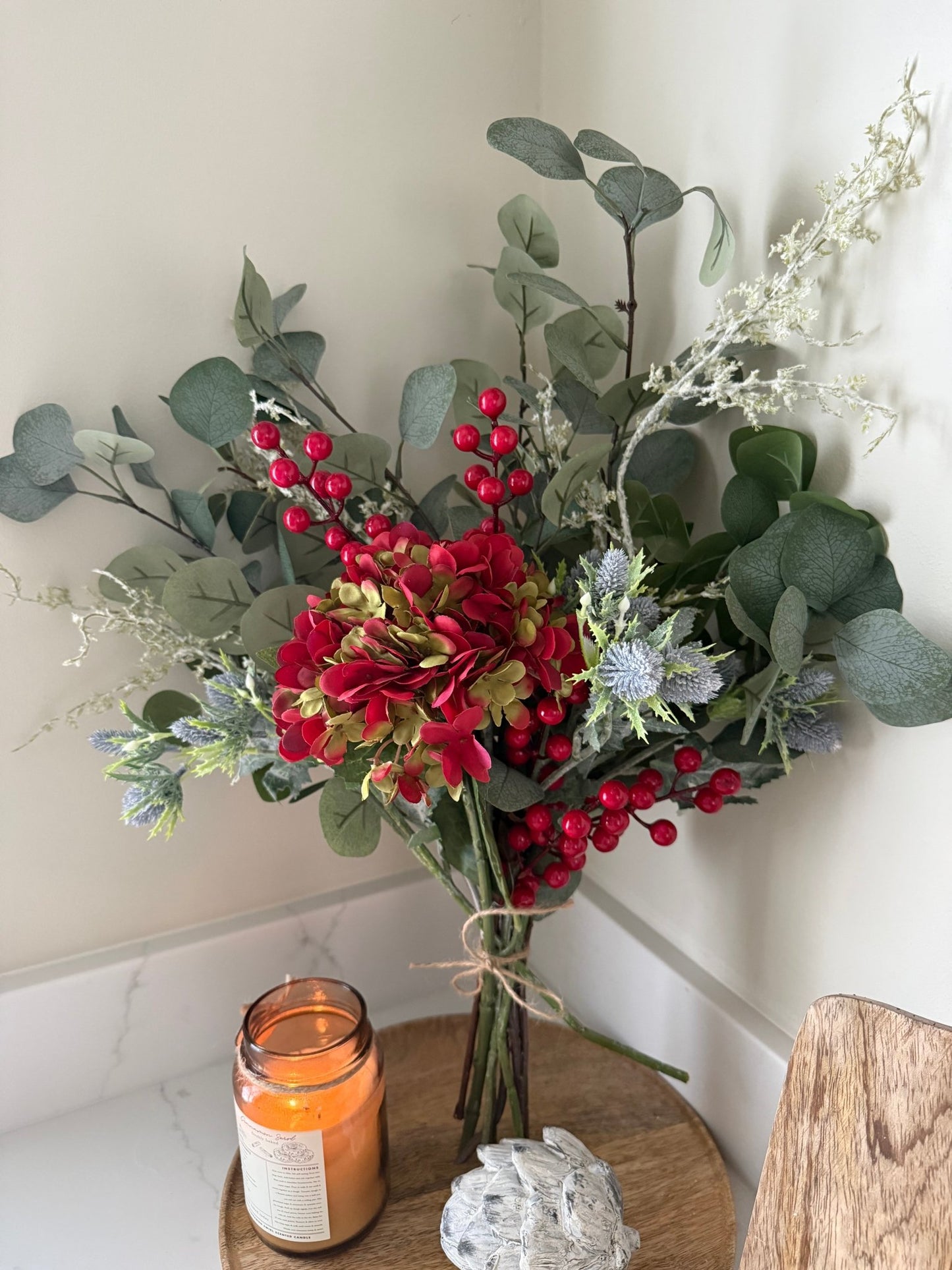 Faux Eucalyptus & Red Hydrangea Bouquet | Artificial Winter Floral Arrangement | Cosy Neutral Home Decor Gift | Faux Flowers - NalaWillowCo