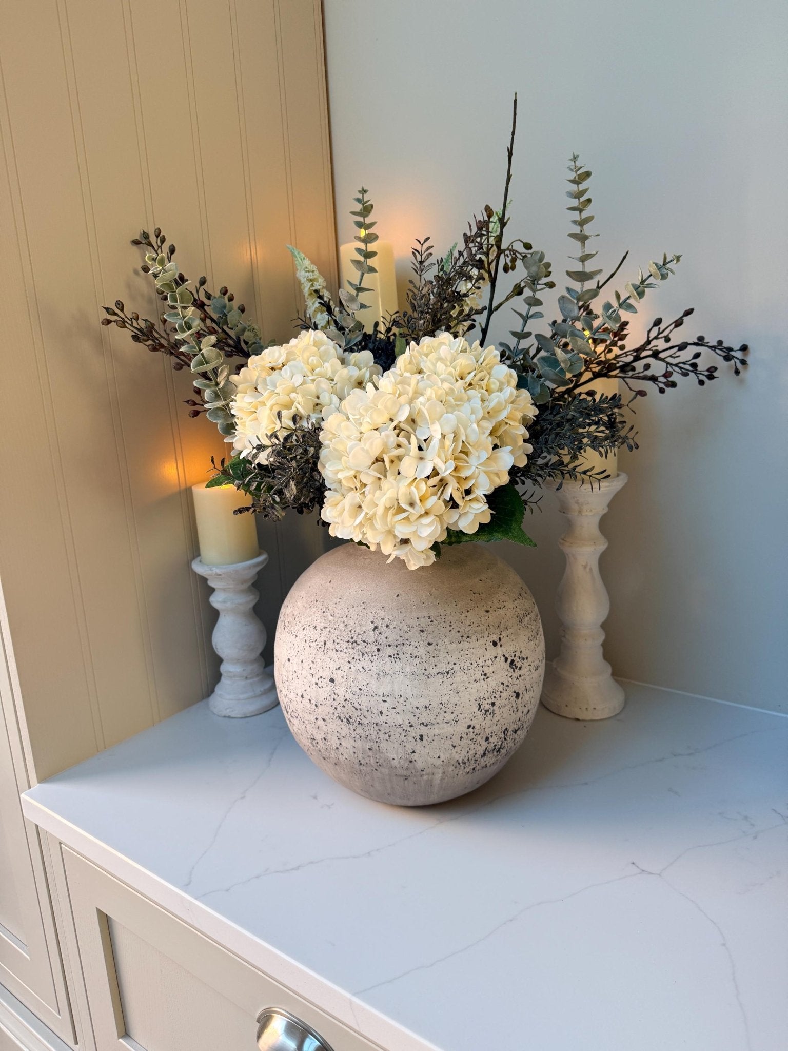 Gracie – Luxury Silk Autumn Floral Arrangement | White Hydrangea and Eucalyptus - NalaWillowCo