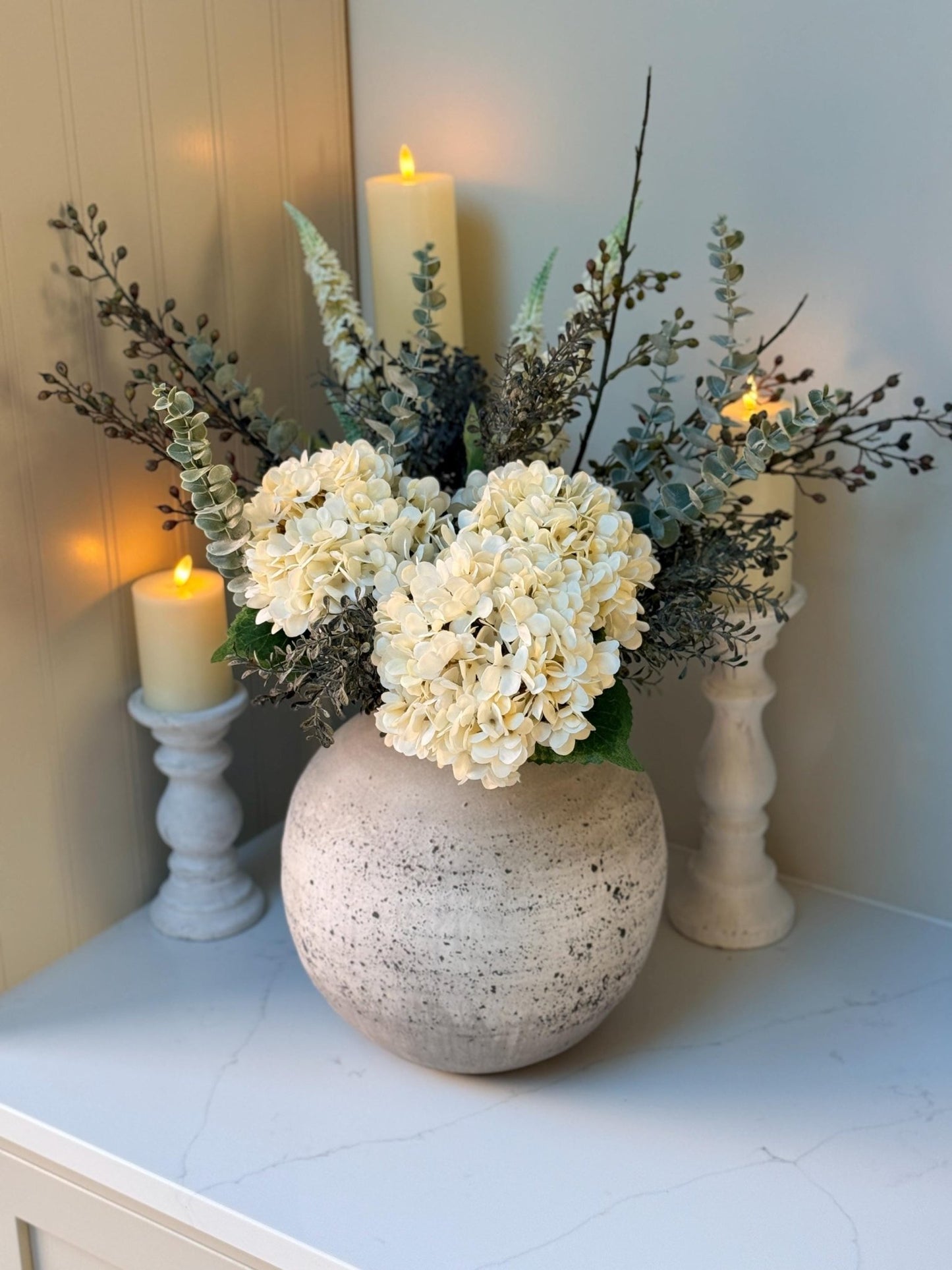 Gracie – Luxury Silk Autumn Floral Arrangement | White Hydrangea and Eucalyptus - NalaWillowCo