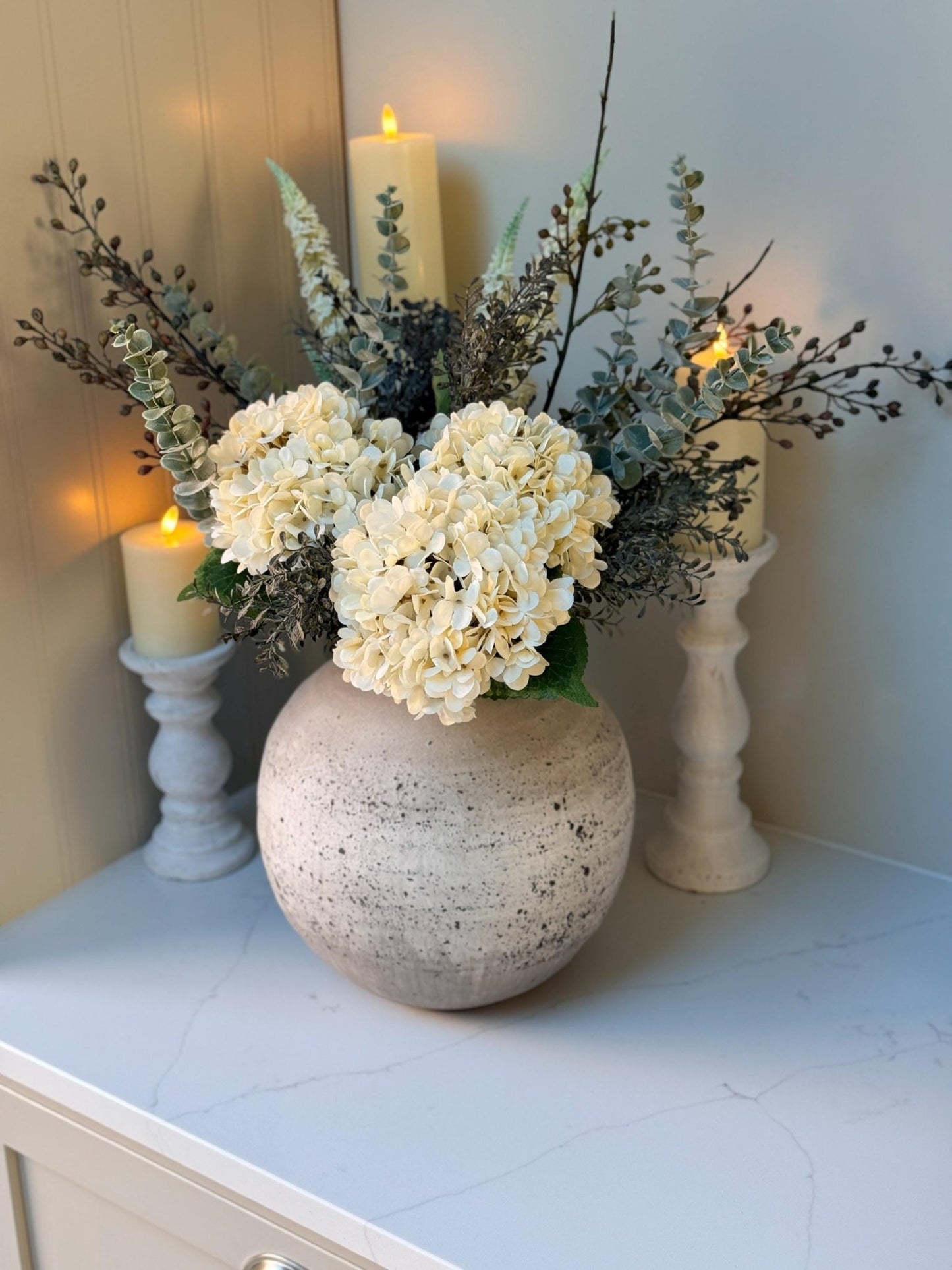 Gracie – Luxury Silk Autumn Floral Arrangement | White Hydrangea and Eucalyptus - NalaWillowCo