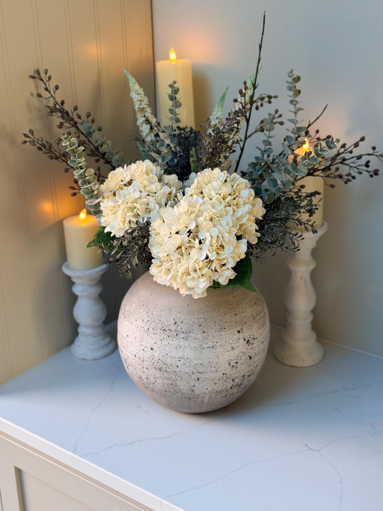 Gracie – Luxury Silk Autumn Floral Arrangement | White Hydrangea and Eucalyptus - NalaWillowCo
