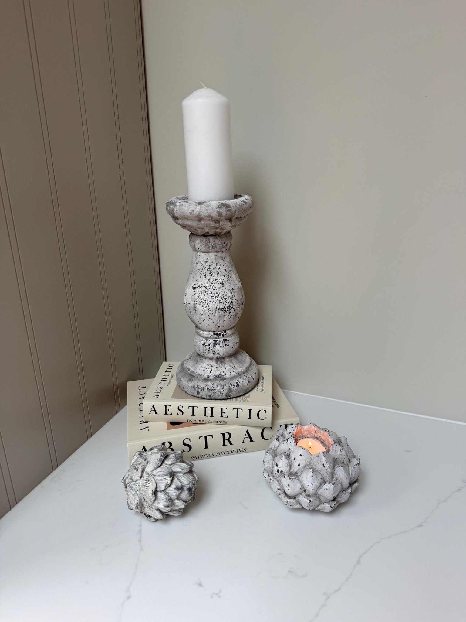 Handcrafted Neutral Ceramic Pillar Candle Stick Holder Stand - NalaWillowCo