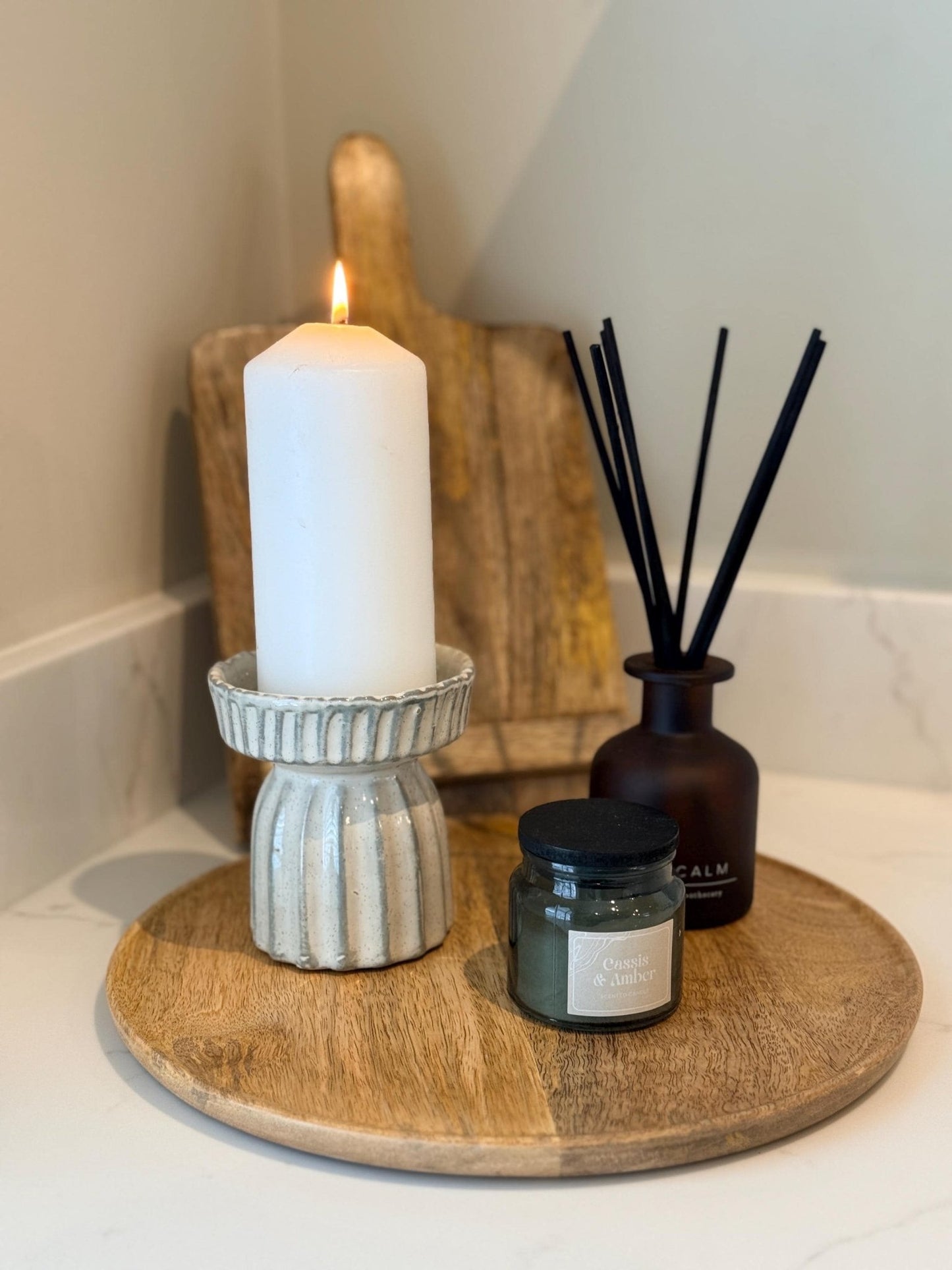 Handcrafted Neutral Ceramic Ribbed Beige Pillar Candle Stick Holder Stand - NalaWillowCo