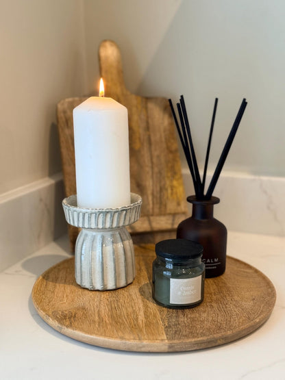 Handcrafted Neutral Ceramic Ribbed Beige Pillar Candle Stick Holder Stand - NalaWillowCo