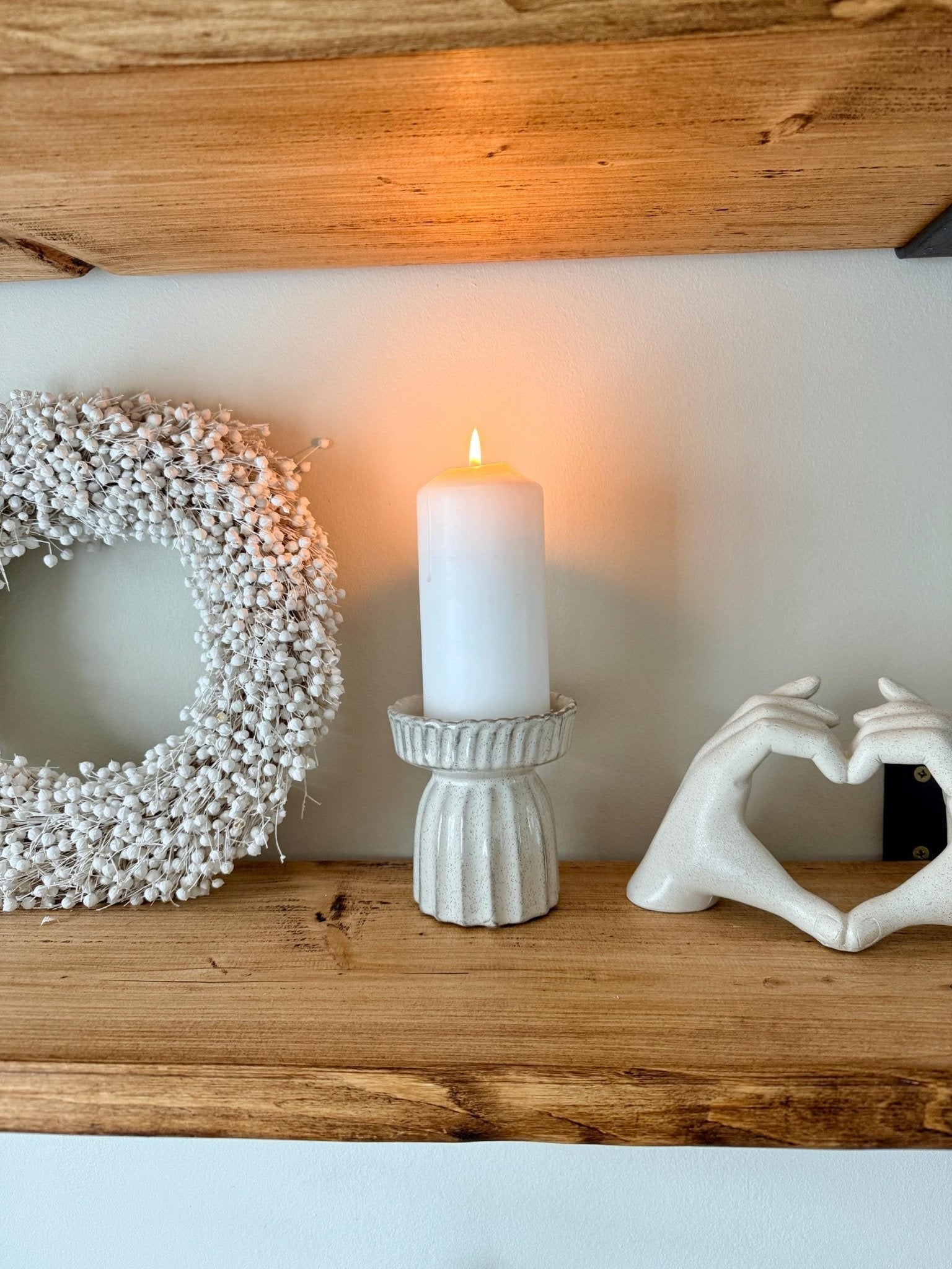 Handcrafted Neutral Ceramic Ribbed Beige Pillar Candle Stick Holder Stand - NalaWillowCo