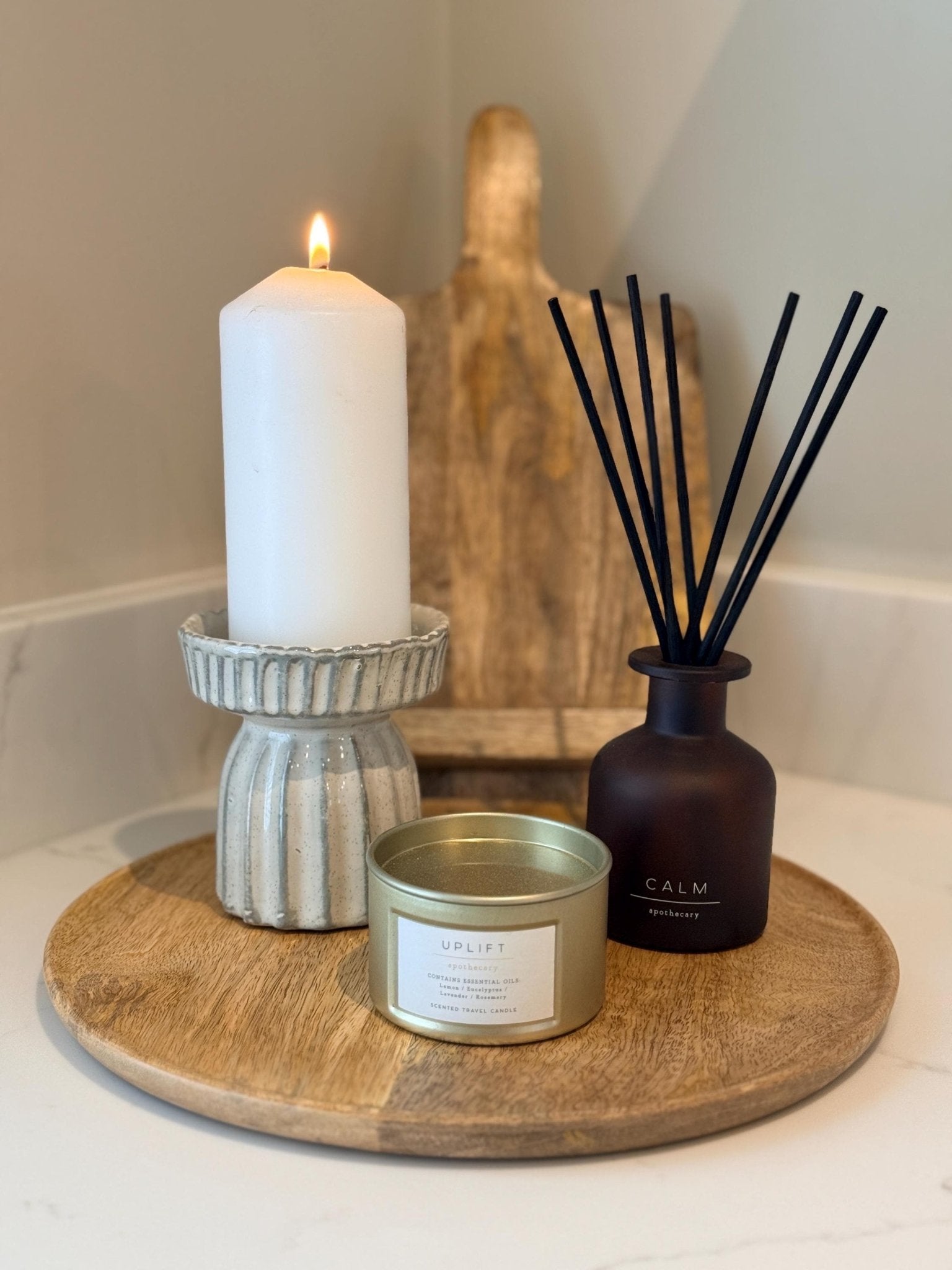 Handcrafted Neutral Ceramic Ribbed Beige Pillar Candle Stick Holder Stand - NalaWillowCo