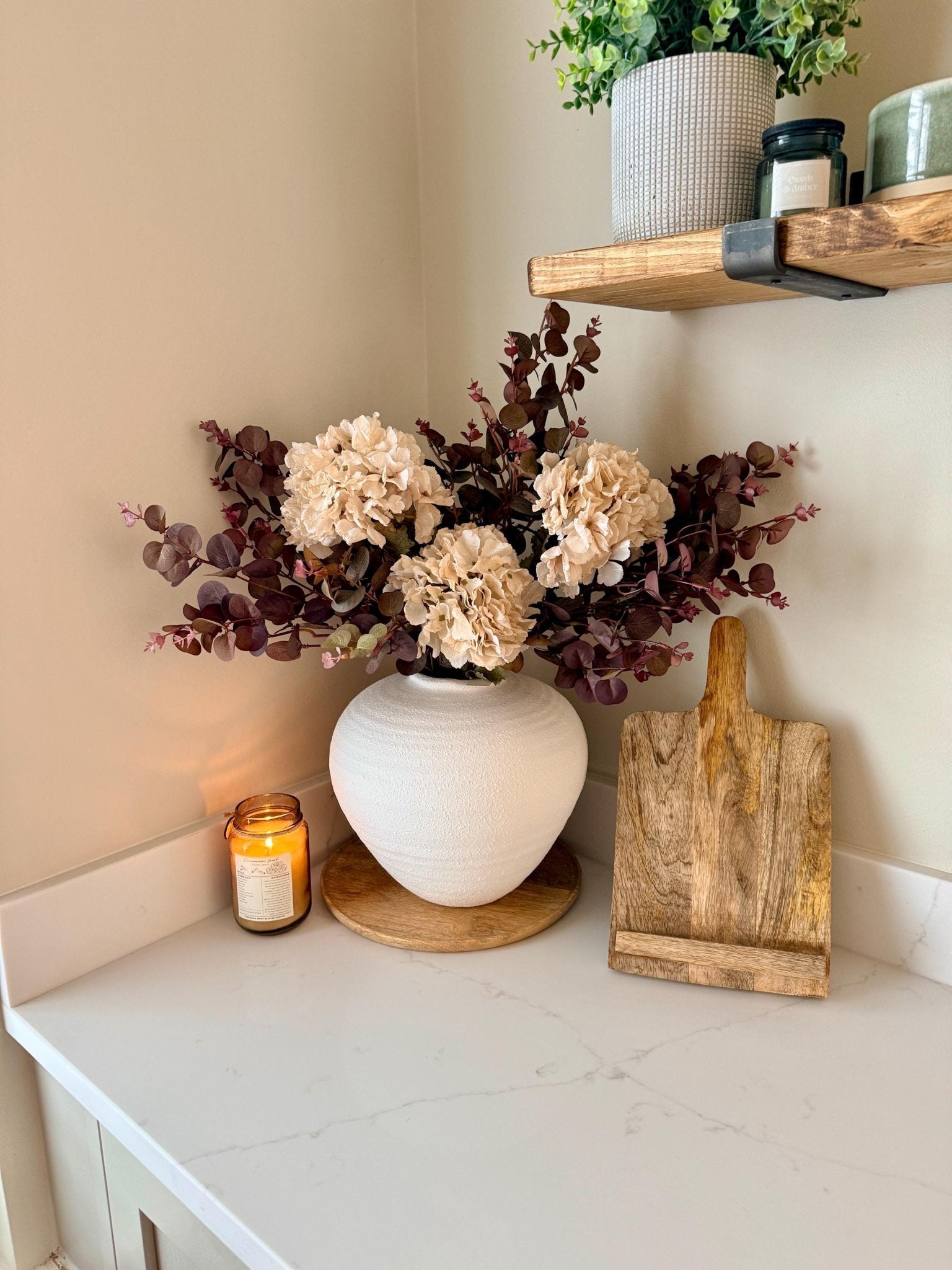 Handmade Luxury Silk Autumn Floral Arrangement | Burgundy and Blush Dried Hydrangea Artificial Flower Bouquet with White Vase - "Nala" - NalaWillowCo